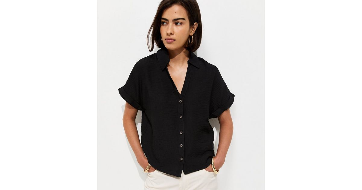 Black Collared V Neck Short Shirt