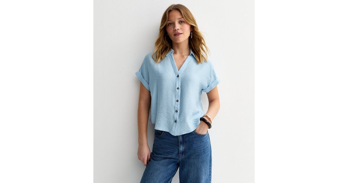 Blue Collared V Neck Short Shirt