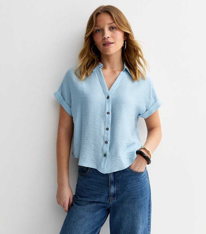 Blue Collared V Neck Short Shirt