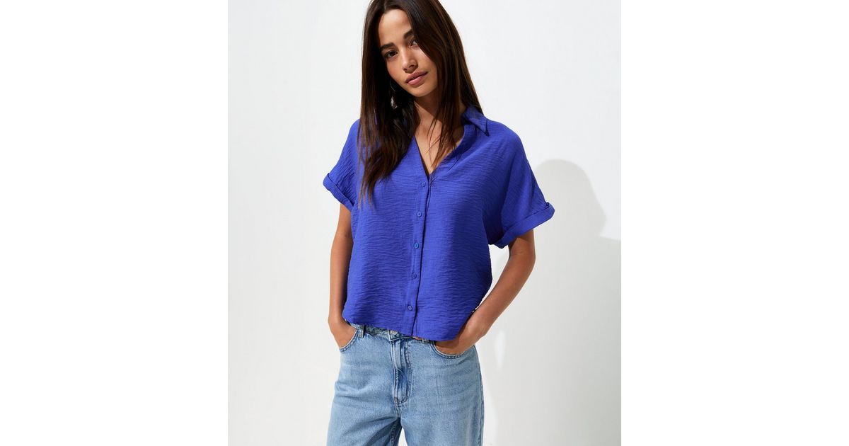 Dark Blue Collared V Neck Short Shirt