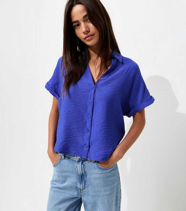 Dark Blue Collared V Neck Short Shirt