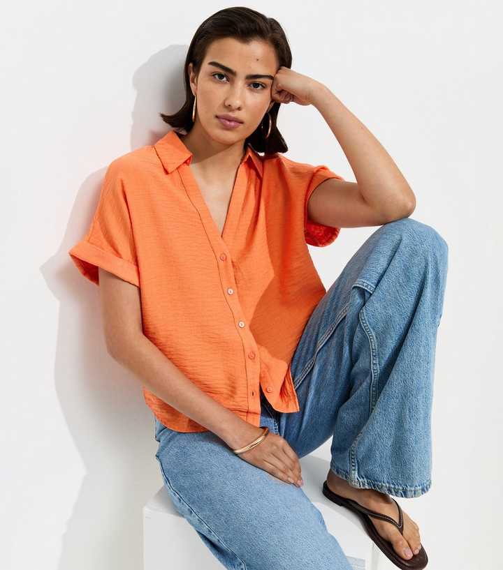 Bright Orange Collared V Neck Short Shirt