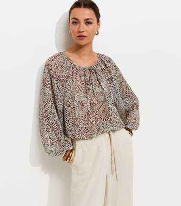 Green Paisley Print Long Sleeve Chiffon Blouse