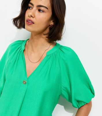 Bright Green Puff Sleeve V-Neck Blouse