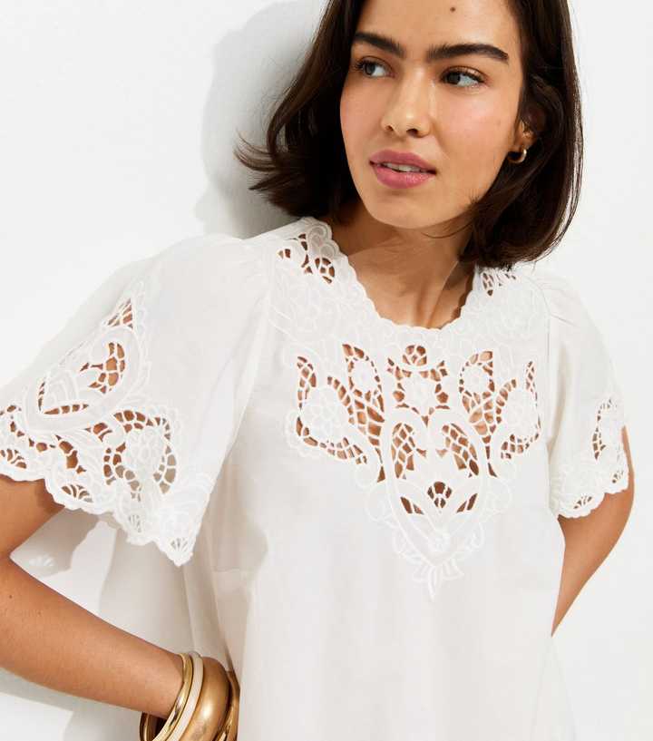 Cream Cutwork Embroidered Scallop Edge T-Shirt
