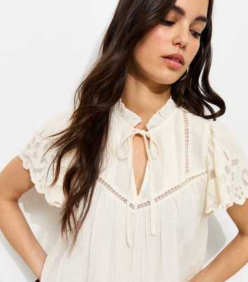 Cream Embroidered Tie Neck Short Sleeve Blouse