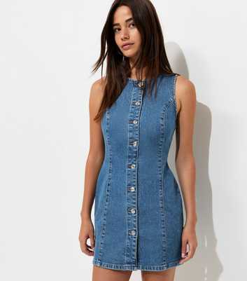 Blue Denim Button Up Sleeveless Mini Dress