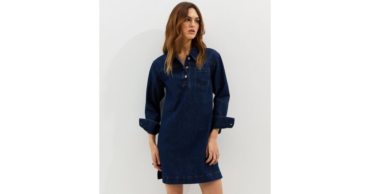 Blue Denim Long Sleeve Mini Shirt Dress