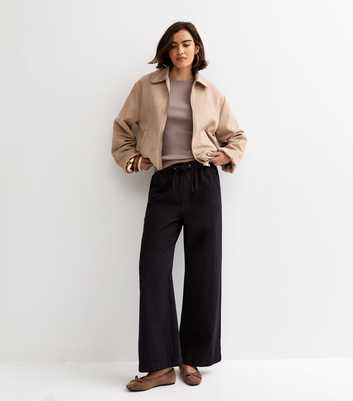 Black Cotton Twill Drawstring Wide Leg Trousers