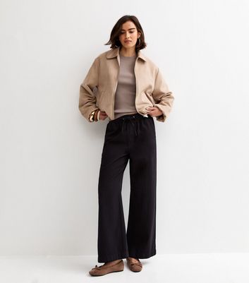 Black Cotton Twill Drawstring Wide Leg Trousers | New Look
