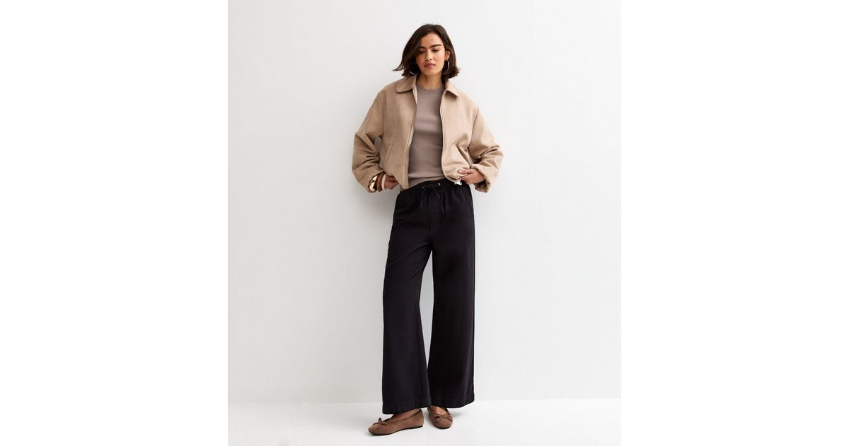 Black Cotton Twill Drawstring Wide Leg Trousers