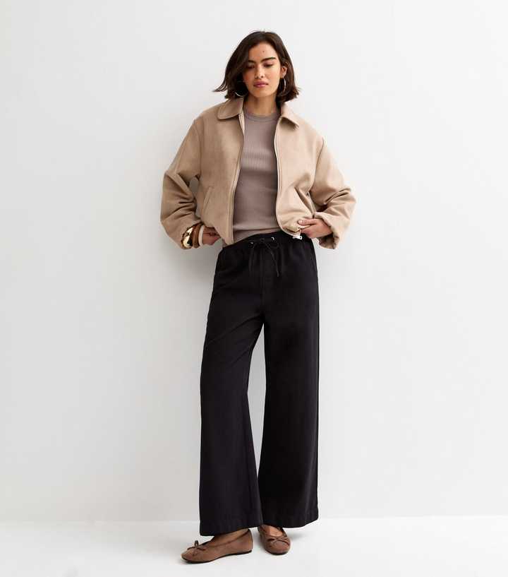 Black Cotton Twill Drawstring Wide Leg Trousers