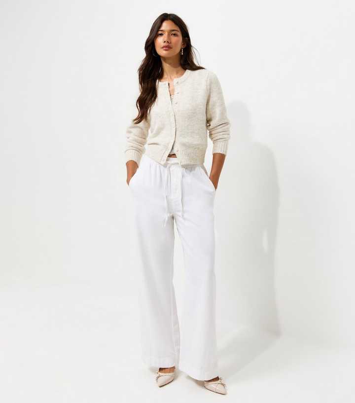 White Cotton Twill Drawstring Wide Leg Trousers