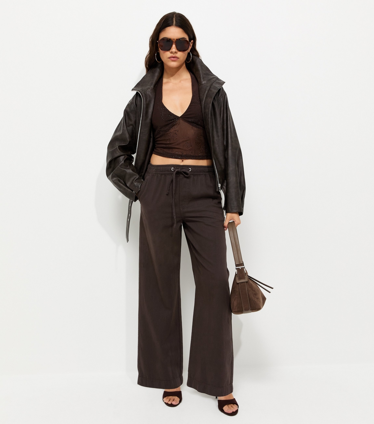 Women's Dark Brown Cotton Twill Drawstring Wide Leg Trousers New Look