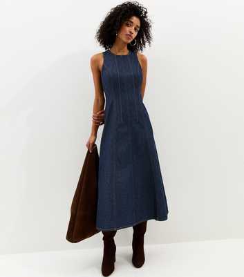 Navy Denim A-Line Sleeveless Midi Dress