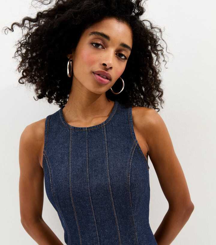 new look denim midi dress Petite Blue Stretch Denim Bodycon Midi Dress