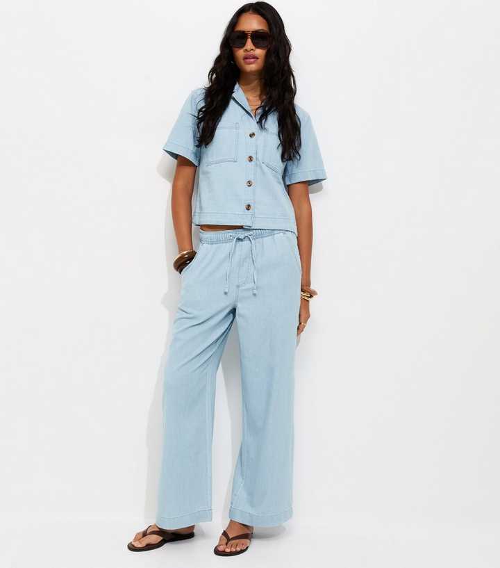 Light Blue Denim Drawstring Wide Leg Trousers