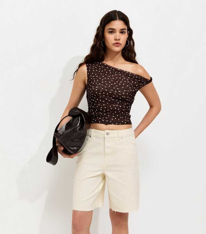 Off White Denim Cut Off Bermuda Shorts
