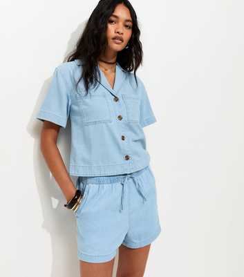 Light Blue Denim Pull On Drawstring Shorts