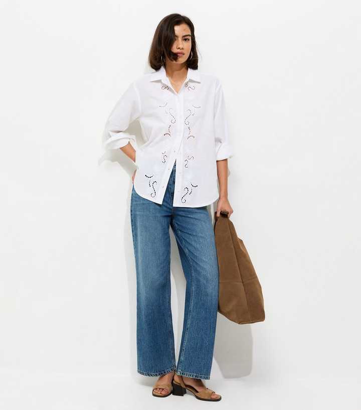 White Embroidered Cut Out Long Sleeve Shirt