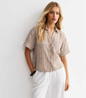 Brown Chest Pocket Striped Crop Shirt