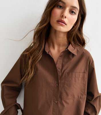 Dark Brown Poplin Curved Hem Shirt