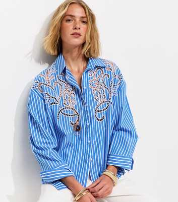 Blue Lace Cutout Pinstripe Shirt