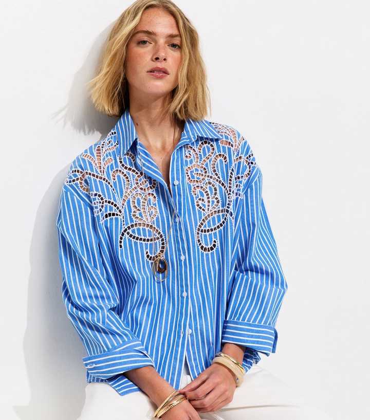 Blue Lace Cutout Pinstripe Shirt