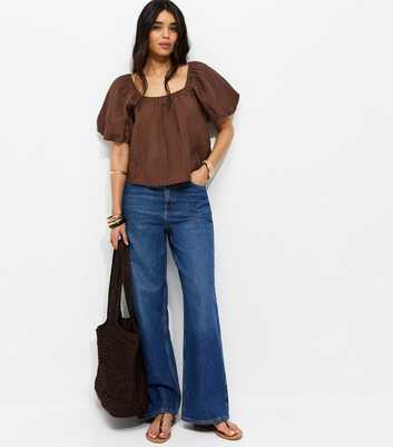 Dark Brown Square Neck Puff Sleeve Blouse