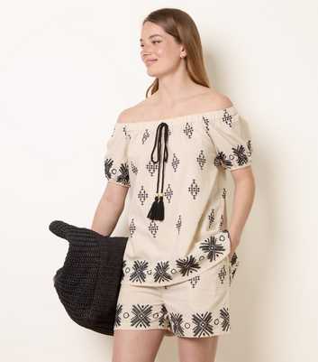 Blue Vanilla Stone Cotton Linen Embroidered Bardot Top