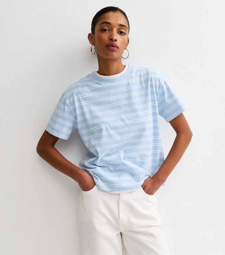 Blue Cotton Striped Crew Neck T-Shirt