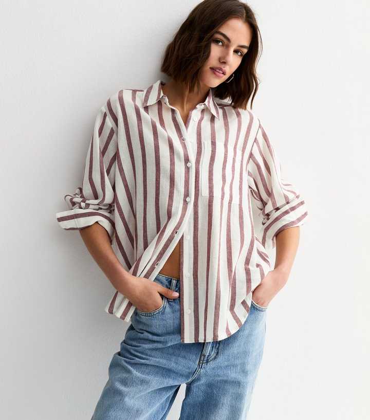 White and Brown Cotton Striped Long Sleeve Shirt