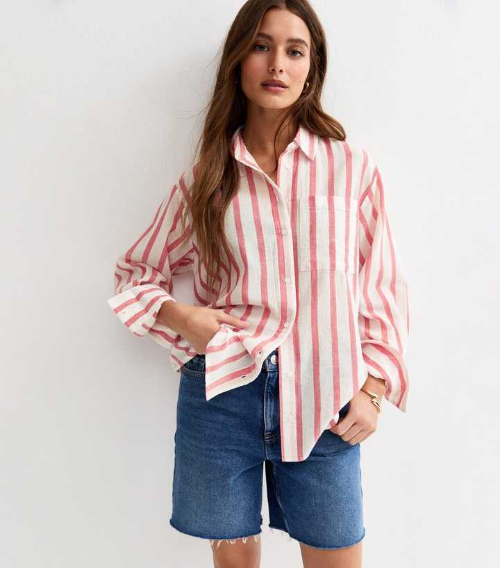 White and Pink Cotton Striped Long Sleeve Shirt