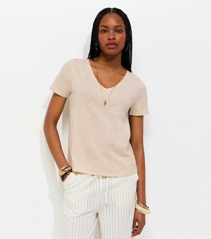 Off White Cotton V-Neck T-Shirt