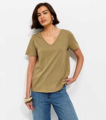 Khaki Cotton V Neck T-Shirt