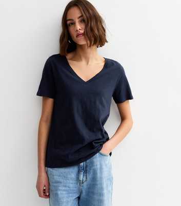 Navy Cotton V Neck T-Shirt