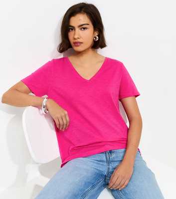 Bright Pink Cotton V Neck T-Shirt