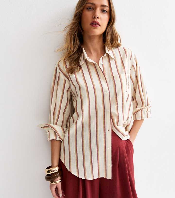 Cream Striped Cotton Long Sleeve Shirt
