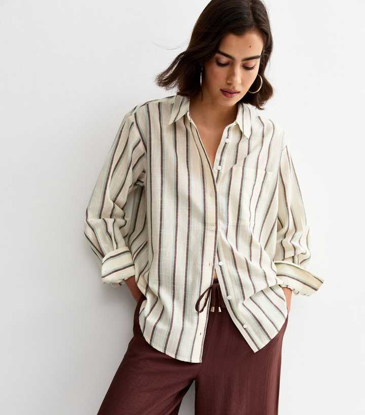 Blue and Brown Striped Cotton Long Sleeve Shirt