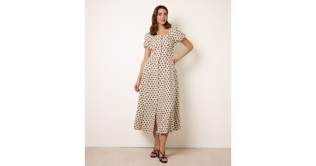 Blue Vanilla Stone Linen Polka Dot Puff Sleeve Midi Dress | New Look