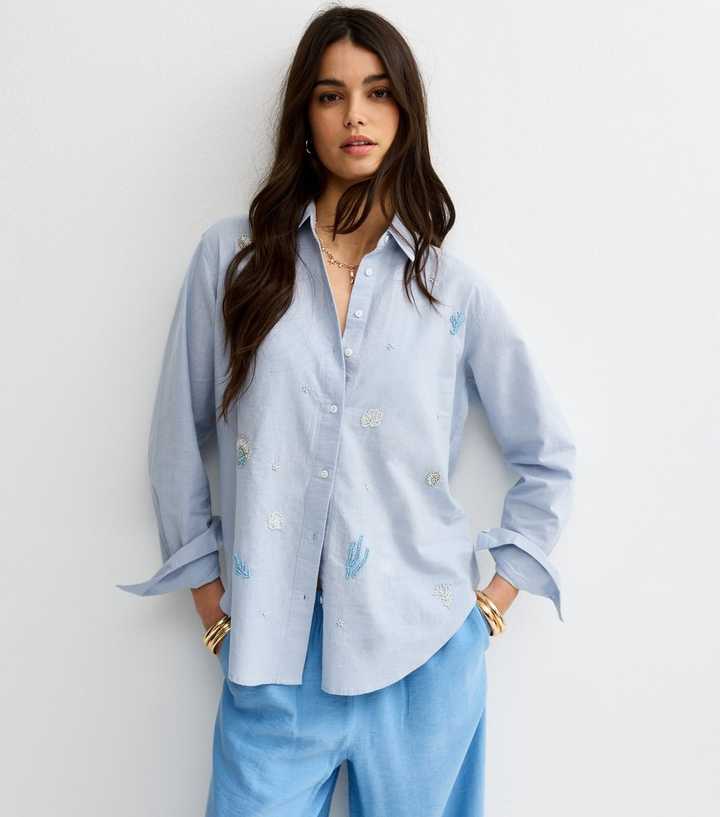 Blue Seaside Bead Embellished Long Sleeve Shirt
