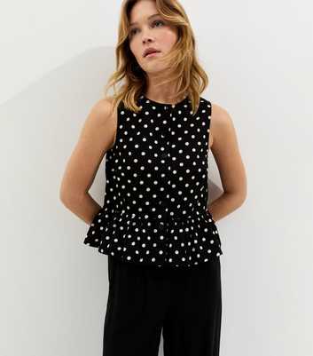 Black Polka Dot Button Up Peplum Top