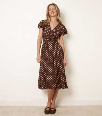 Blue Vanilla Dark Brown Polka Dot Elasticated Waist Midi Dress