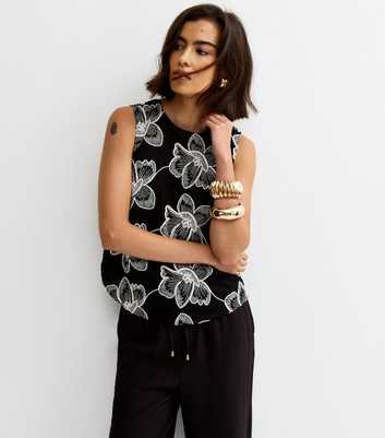 Black Embroidered Floral Curved Hem Top