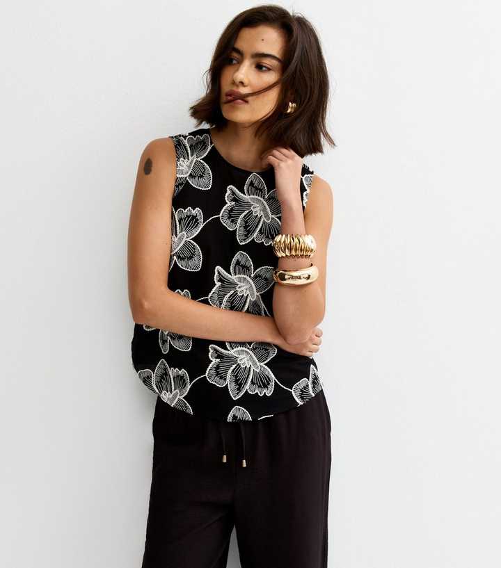 Black Embroidered Floral Curved Hem Top
