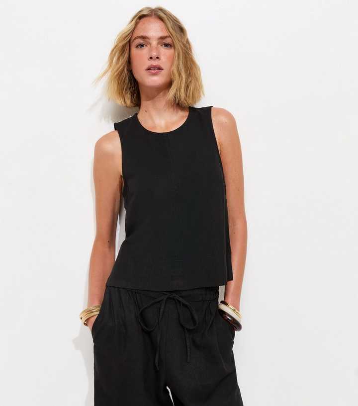 Black Linen Blend Sleeveless Top
