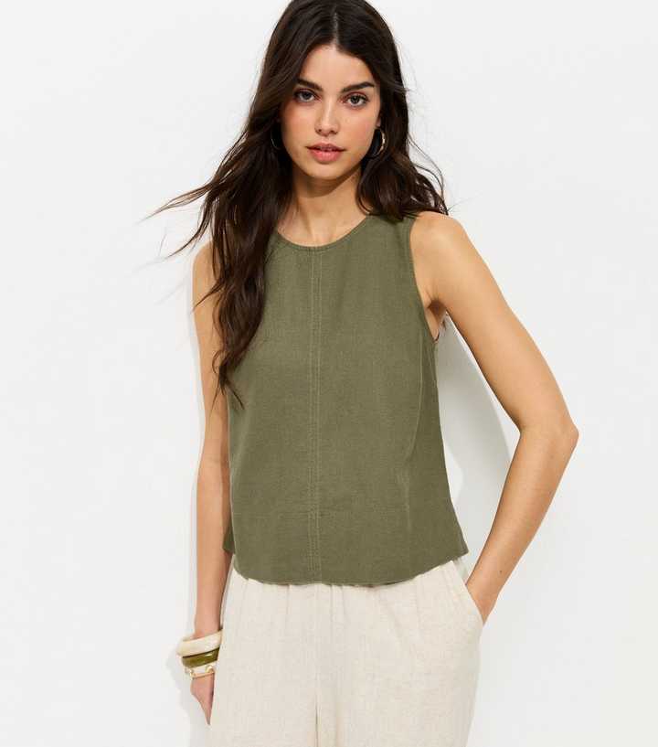 Dark Khaki Linen Blend Sleeveless Top