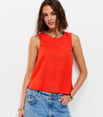 Bright Red Linen Blend Sleeveless Top
