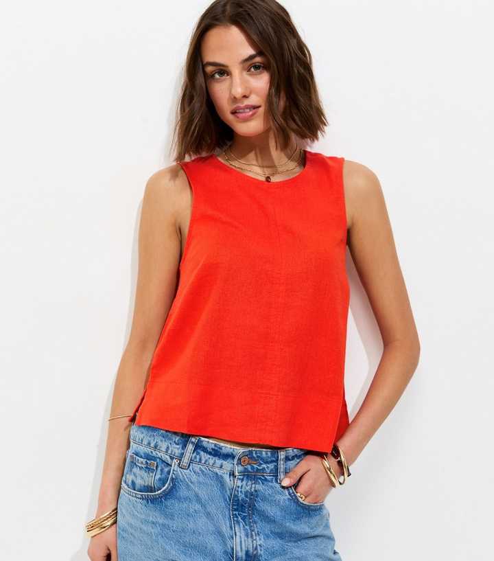 Bright Red Linen Blend Sleeveless Top