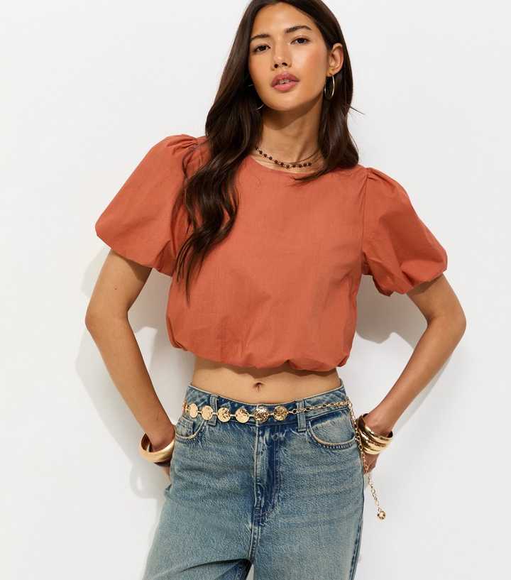 Rust Poplin Bubble Hem Crop Top